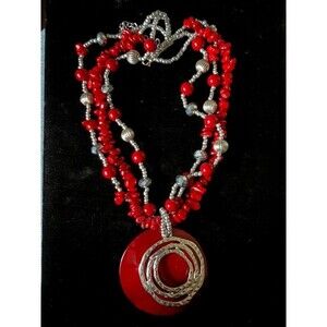 Cherry Red Multi-Strand Shell Pendant Necklace